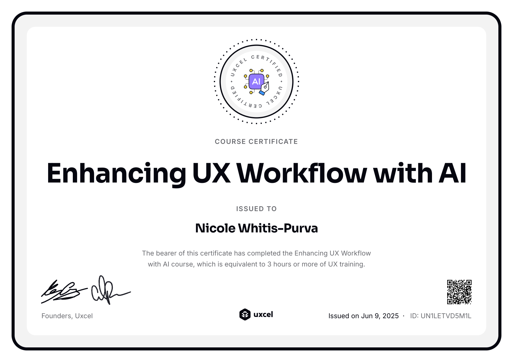 Nicole Whitis-Purva's certificate